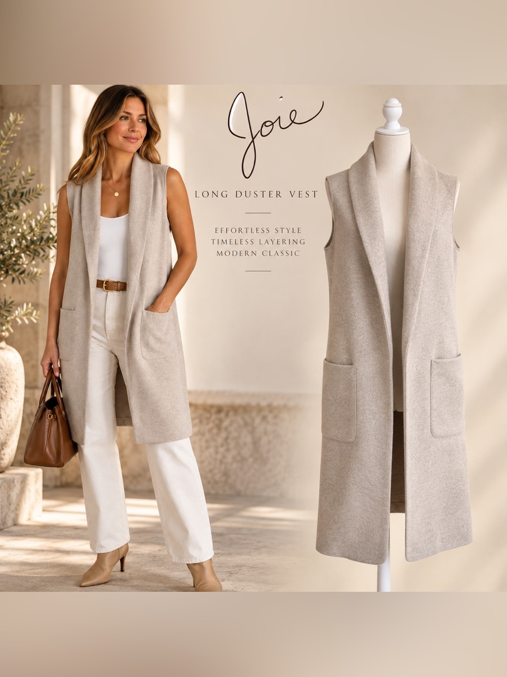 Joie Longline Duster Vest XS Oatmeal Beige Sleeveless Cardigan Quiet Luxury